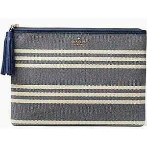 S Kate Spade Larchmont Gia Large Tasseled Pouch Navy Blue Canvas WLRU5237 NWT